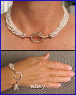 7 STRAND PEARL & DIAMOND NECKLACE/BRACELET SET (18kt YELLOW GOLD)