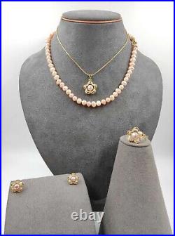 7mm Peach Color Natural Seawater Pearl Necklace Earrings Ring Stackable Set Gold