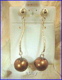 8.5mm Cultured Freshwater Chocolate Pearl Solid 14k Yellow Gold DC Swirl Bar Set