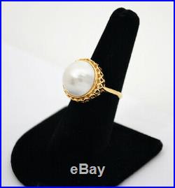 #8616 Classy 14k Gold Large Mabe Pearl Ornate Setting Ring Sz 6.75