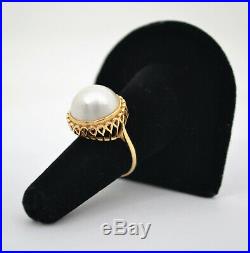 #8616 Classy 14k Gold Large Mabe Pearl Ornate Setting Ring Sz 6.75