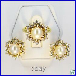 8mm Pearl & Diamond Star-shaped Earrings & Ring Set, 18k Yellow Gold, 2.25 Carat