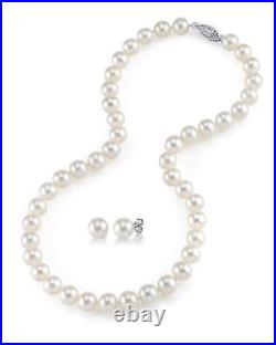 9-10mm White Freshwater Pearl Set Necklace & Earring 14KW Gold 16-24 AAA Grade