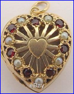 9 Carat Hallmarked yellow gold filigree front pearl and garnet set heart locket