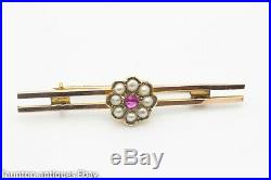 9ct/ 15ct gold seed pearl ruby late Victorian bar brooch daisy setting antique