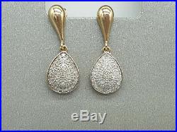 9ct 9k yellow gold real pave set 0.50ct diamond dangle drop stud Earrings boxed