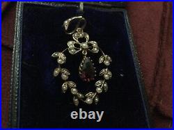 9ct Antique Victorian Yellow Gold Pendant Set With 38 Seed Pearls And A Garnet