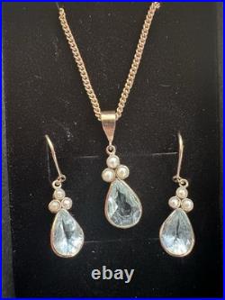 9ct Gold Aquamarine & Pearl Necklace & Earrings Set London 2008