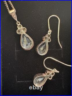 9ct Gold Aquamarine & Pearl Necklace & Earrings Set London 2008