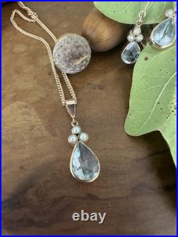 9ct Gold Aquamarine & Pearl Necklace & Earrings Set London 2008