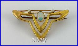 9ct Gold Art Nouveau Bat Style Brooch Set Opal And Seed Pearls