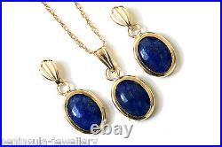 9ct Gold Lapis Lazuli Pendant Necklace and Drop Earring Set Gift Boxed UK Made