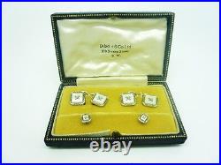 9ct Gold Mother of Pearl Cufflinks & Stud Set, ART DECO, Cased, c. 1930, White