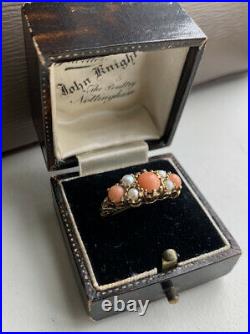 9ct Gold Victorian Style Ring Set With Coral And Pearls Size K 1/2