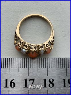 9ct Gold Victorian Style Ring Set With Coral And Pearls Size K 1/2