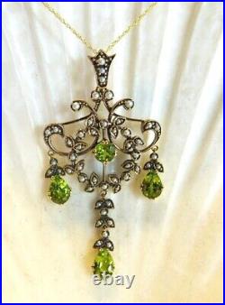 9ct Solid Gold Real Peridot & Seed Pearl Set Lavalier Pendant