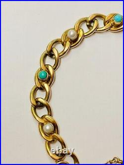 9ct Solid Gold Turquoise & Pearl Set Kerb Link Bracelet Heavy 21.5g
