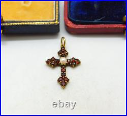 9ct Yellow Gold Garnet & Pearl Set Cross Crucifix Pendant Vintage 1993