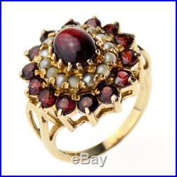 9ct Yellow Gold Large Garnet And Seed Pearl Stone Set Cluster Ring