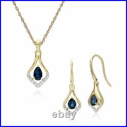 9ct Yellow Gold Sapphire & Diamond Leaf Drop Earring & 45cm Necklace Set