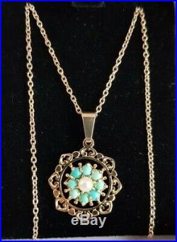 9ct Yellow gold pendant & chain. Set with a cultured pearl & Turquoise cabochons
