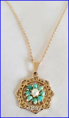 9ct Yellow gold pendant & chain. Set with a cultured pearl & Turquoise cabochons