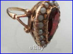 9ct gold pear shaped ring set garnet and seed pearls