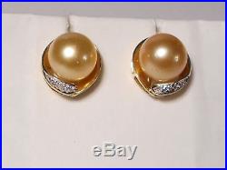 9mm South Sea golden pearl set(ring, earrings & pendant), diamonds, solid 14k YG