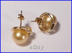 9mm South Sea golden pearl set(ring, earrings & pendant), diamonds, solid 14k YG