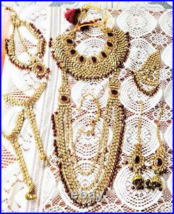 9pcs Maroon Pearl Kundan LCT Gold Complete Dulhan Bridal Necklace Set Party Sale