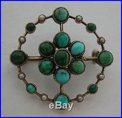 A Gorgeous Gold Brooch Pin Set With 15 Turquoise Stones And 8 Seed Pearls