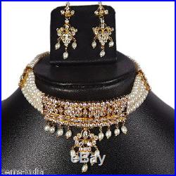 A++ Pearl & CZs Bridal Choker Necklace Earrings Set 249.40 Ct Gold Plated Silver