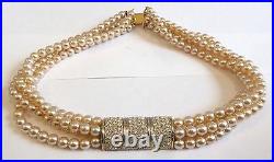 A Vintage Ben-amun 4 Strand Simulated Pearls Necklace With Diamante Set Centre