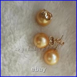 AAA 10-9 mm natural golden pearl south sea pendant earring set 18k PURE gold