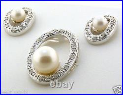 AAA 6-8MM FW Pearl & Diamond O-Style Earrings & Pendant Set, 14K White Gold