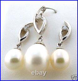 AAA 6-8MM FW White Pearl & Diamond Earrings & Pendant Set, 14K White Gold, NEW