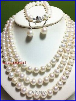 AAAAA 489-10mm REAL south sea white pearl necklace bracelet earring sets 14K