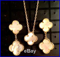 Alhambras Clover Mother Of Pearl Seashell Necklace & Earring Set 18kt Gold Plate