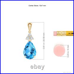ANGARA Claw-Set Swiss Blue Topaz Drop Pendant with Trio Diamonds in 14K Gold