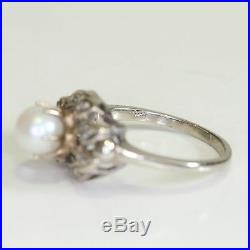 ANTIQUE 10K WHITE GOLD PEARL RING CLAW SETTING W DIA 4.8 g, size 8.5 Not Scrap
