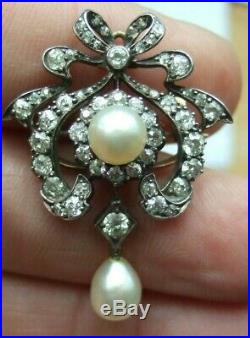 ANTIQUE 18ct GOLD DIAMONDS + PEARLS SET BOWithRIBBON/SWAG DESIGN BROOCH 7.16g