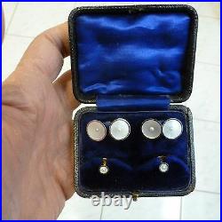ANTIQUE ART DECO MENS 9CT TUTONE GOLD MOTHER OF PEARL CUFFLINKS + STUD SET WithBOX