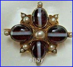 ANTIQUE BANDED AGATE + SEED/SAWN PEARLS BROOCH SET IN 15/18ct GOLD 30mm x 28mm