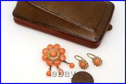 ANTIQUE FRENCH 18K GOLD CORAL & PEARL BROOCH & EARRINGS BOXED SET c1890