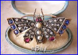 ANTIQUE GOLD BUTTERFLY BROOCH PIN set with DIAMONDS PEARLS RUBIES & SAPPHIRES
