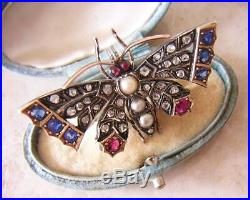 ANTIQUE GOLD BUTTERFLY BROOCH PIN set with DIAMONDS PEARLS RUBIES & SAPPHIRES