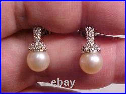 ANTIQUE NATUAL 7.5mm WHITE PEARL AND PAVE SET DIAMOND EARRINGS 14K WHITE GOLD