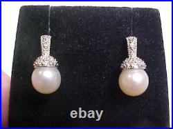 ANTIQUE NATUAL 7.5mm WHITE PEARL AND PAVE SET DIAMOND EARRINGS 14K WHITE GOLD