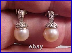 ANTIQUE NATUAL 7.5mm WHITE PEARL AND PAVE SET DIAMOND EARRINGS 14K WHITE GOLD