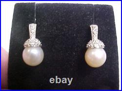 ANTIQUE NATUAL 7.5mm WHITE PEARL AND PAVE SET DIAMOND EARRINGS 14K WHITE GOLD